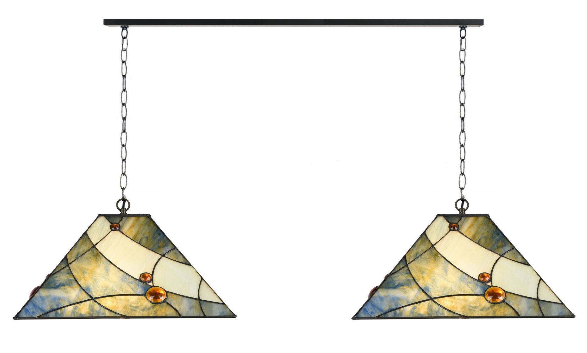 2 x Tiffany Sky Blue met ketting aan plafondbalk