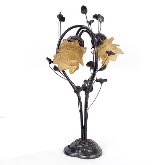 Tafellamp Flower met donker brons, gedetailleerd armatuur en lichtbruine, bloemvormige glaskappen