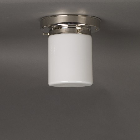 Plafonniere Cilinder Middel Laag in opaal wit glas met strak nikkel armatuur
