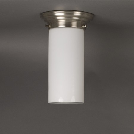 Plafonniere Cilinder Middel Hoog in opaal wit glas met afgerond matnikkel armatuur