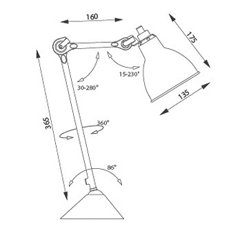 Afmetingen en draairichtingen van tafellamp La Lampe Gras